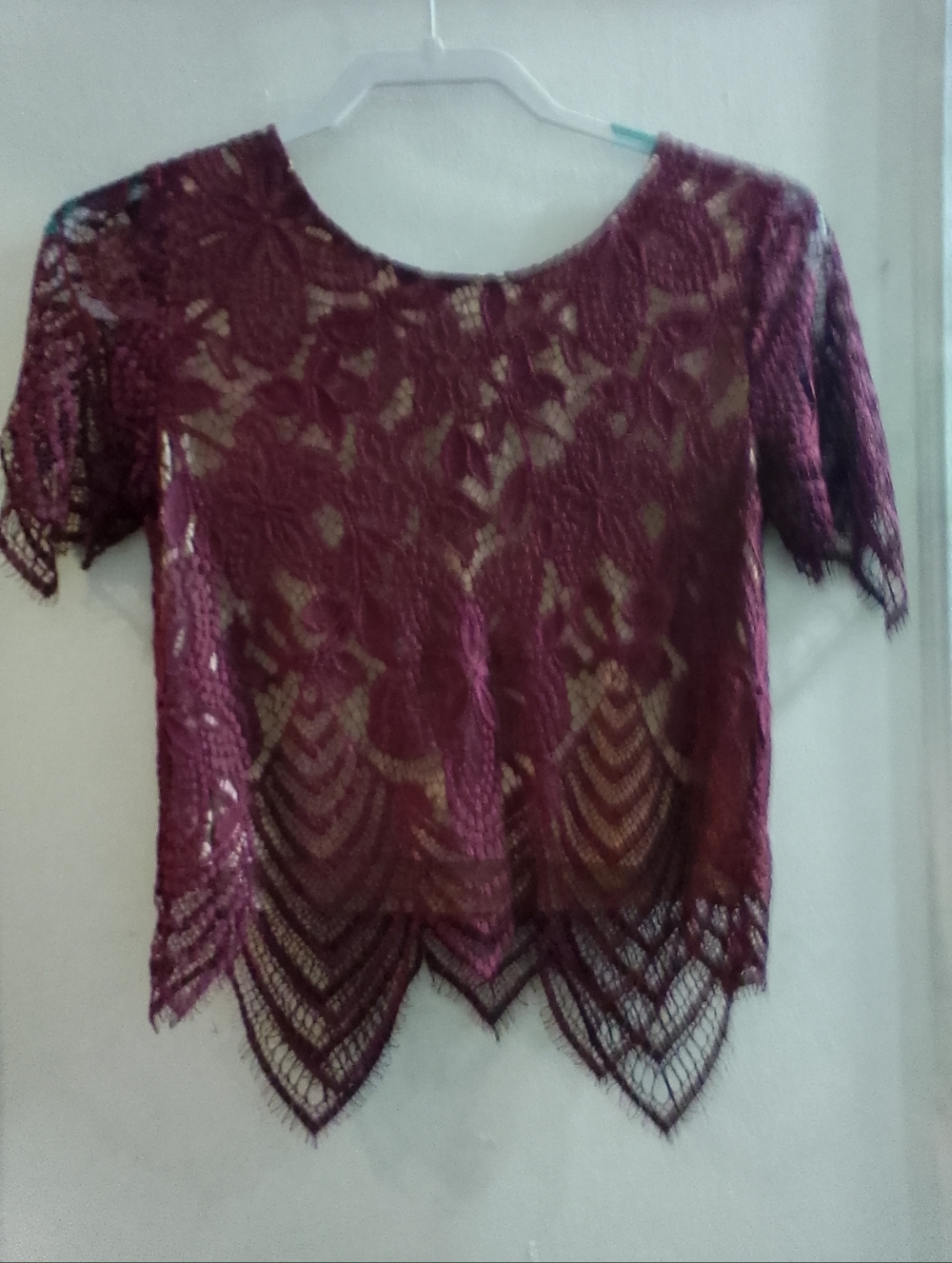 Express Women's Burgundy Lace Short Sleeve Blouse